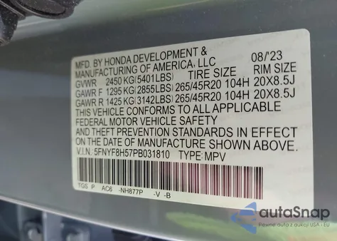 2023 Honda Passport Awd Ex-L из США, поврежденный, VIN 5FNYF8H57PB031810